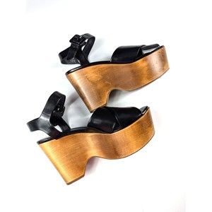 CELINE Phoebe Philo $950 Black Patent Leather Strap Wood Clog Wedge Heel 39/ 8.5